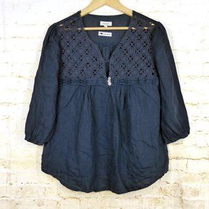 Linen Blend Navy Crochet Yoke Women's Blouse - Sparrow & Finch